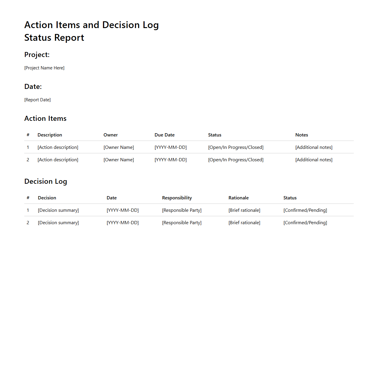Action Items and Decision Log Status Report for Consulting Projects