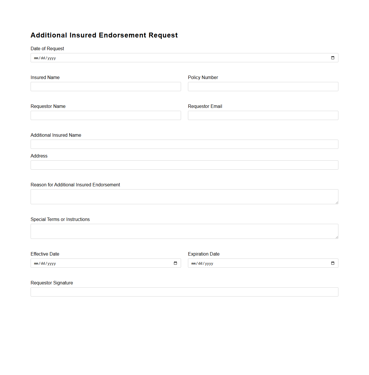 Additional Insured Endorsement Request Format