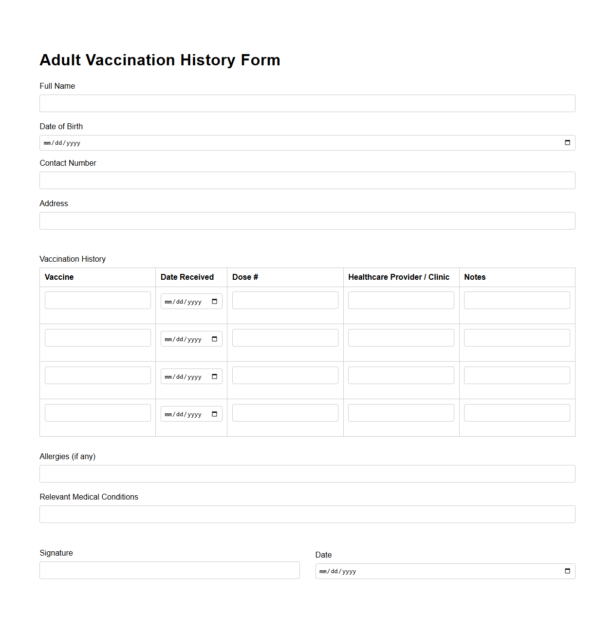 Adult Vaccination History Form