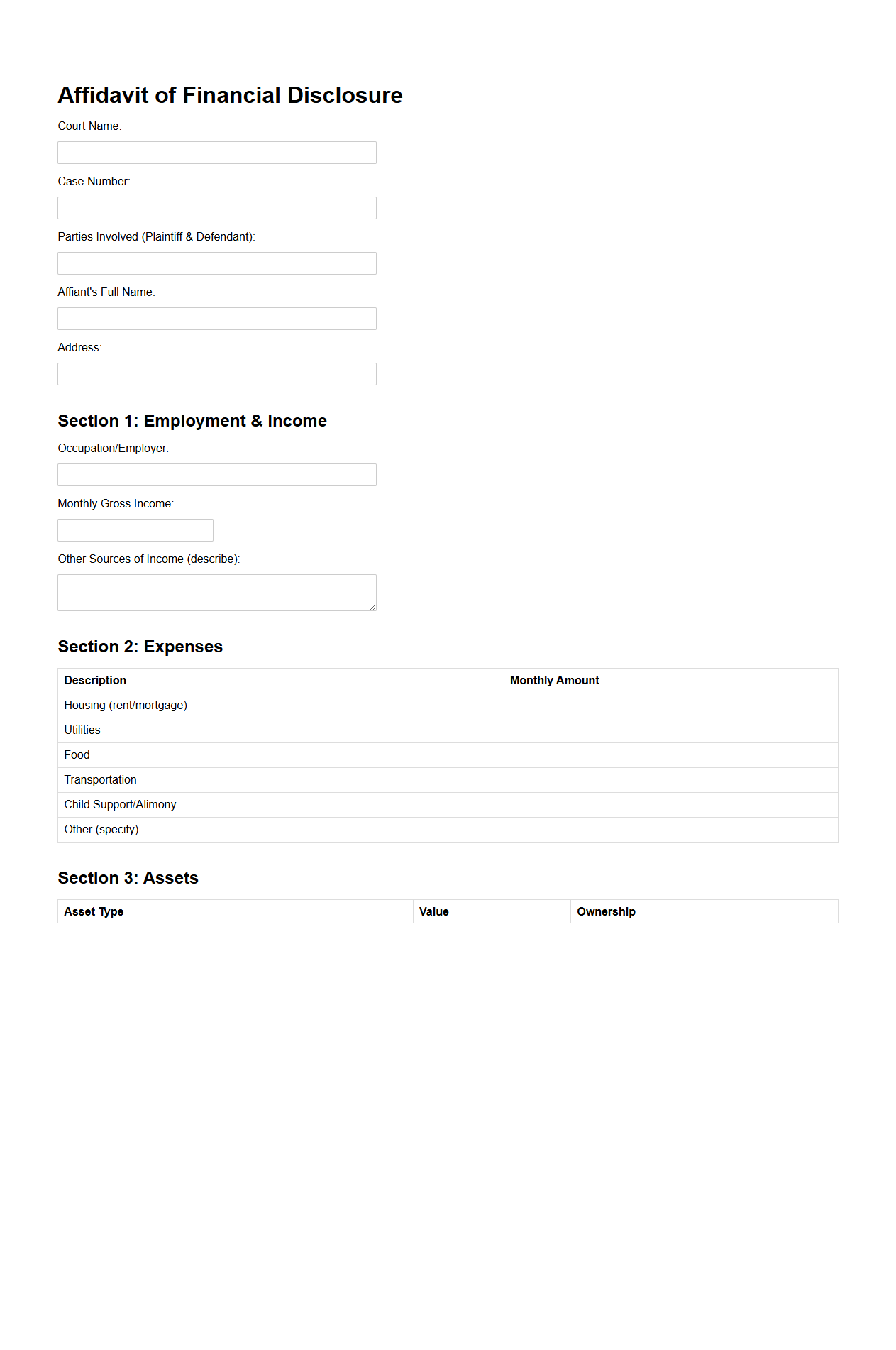 Affidavit of Financial Disclosure for Court