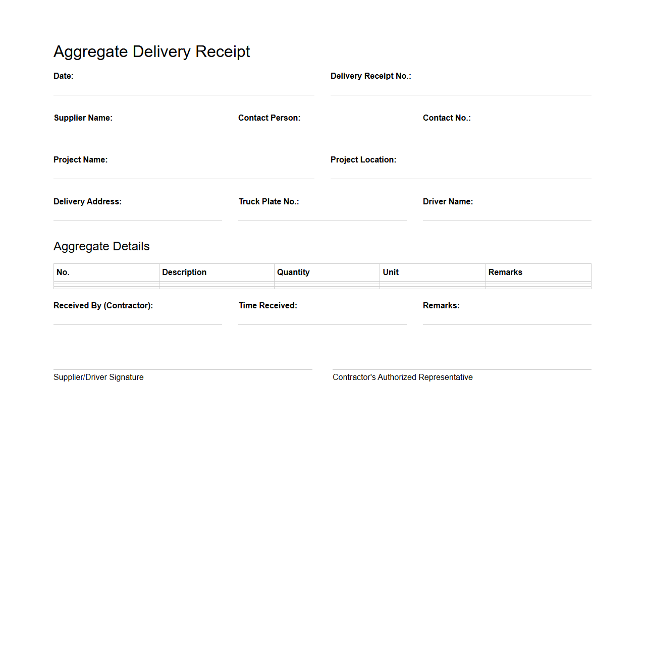 Aggregate Delivery Receipt Format for Contractors