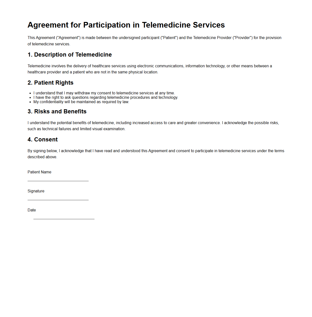 Agreement for Participation in Telemedicine Services