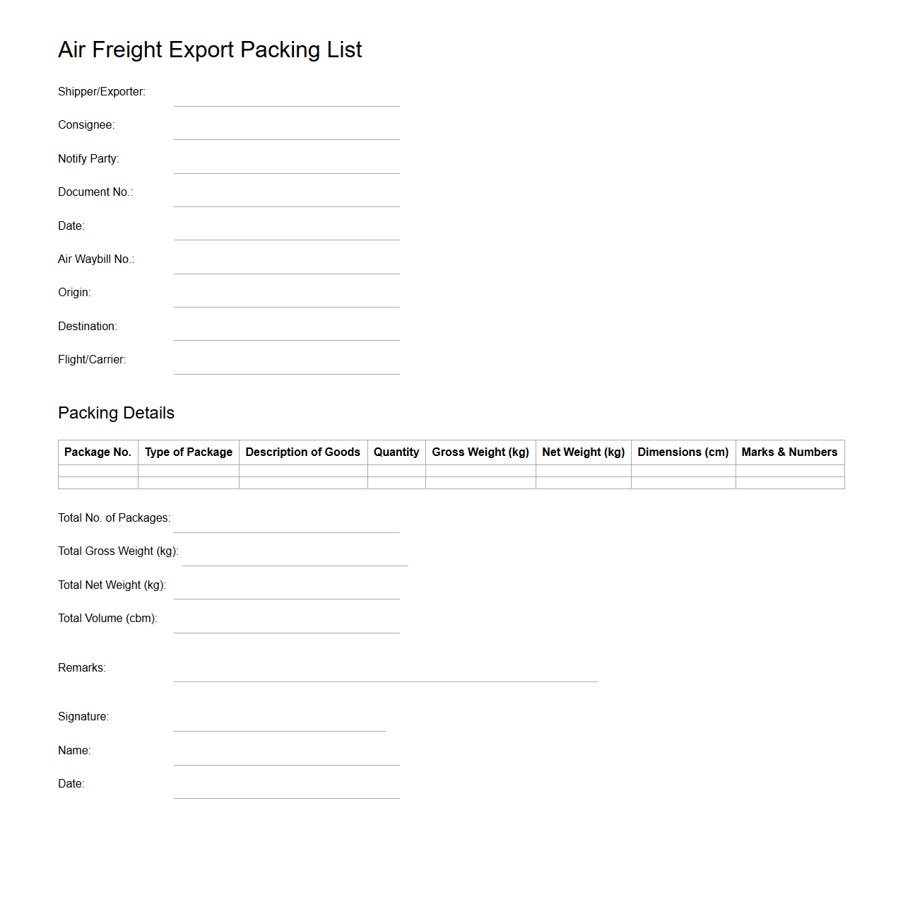 Air Freight Export Packing List Template