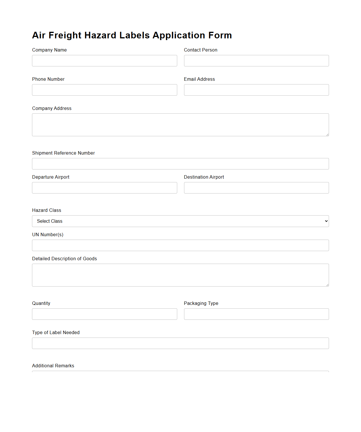 Air Freight Hazard Labels Application Form