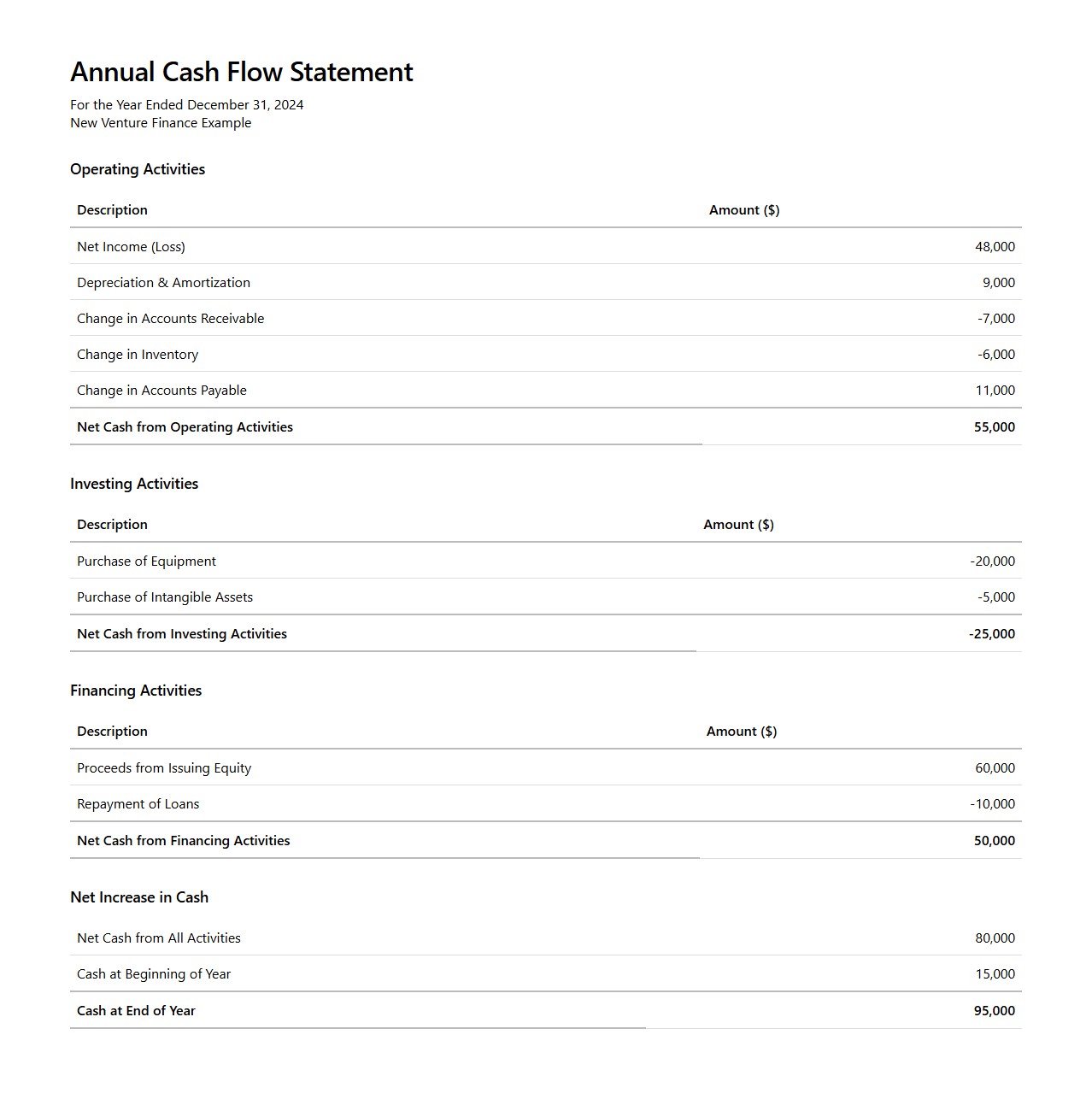 Annual Cash Flow Statement Example for New Venture Finance