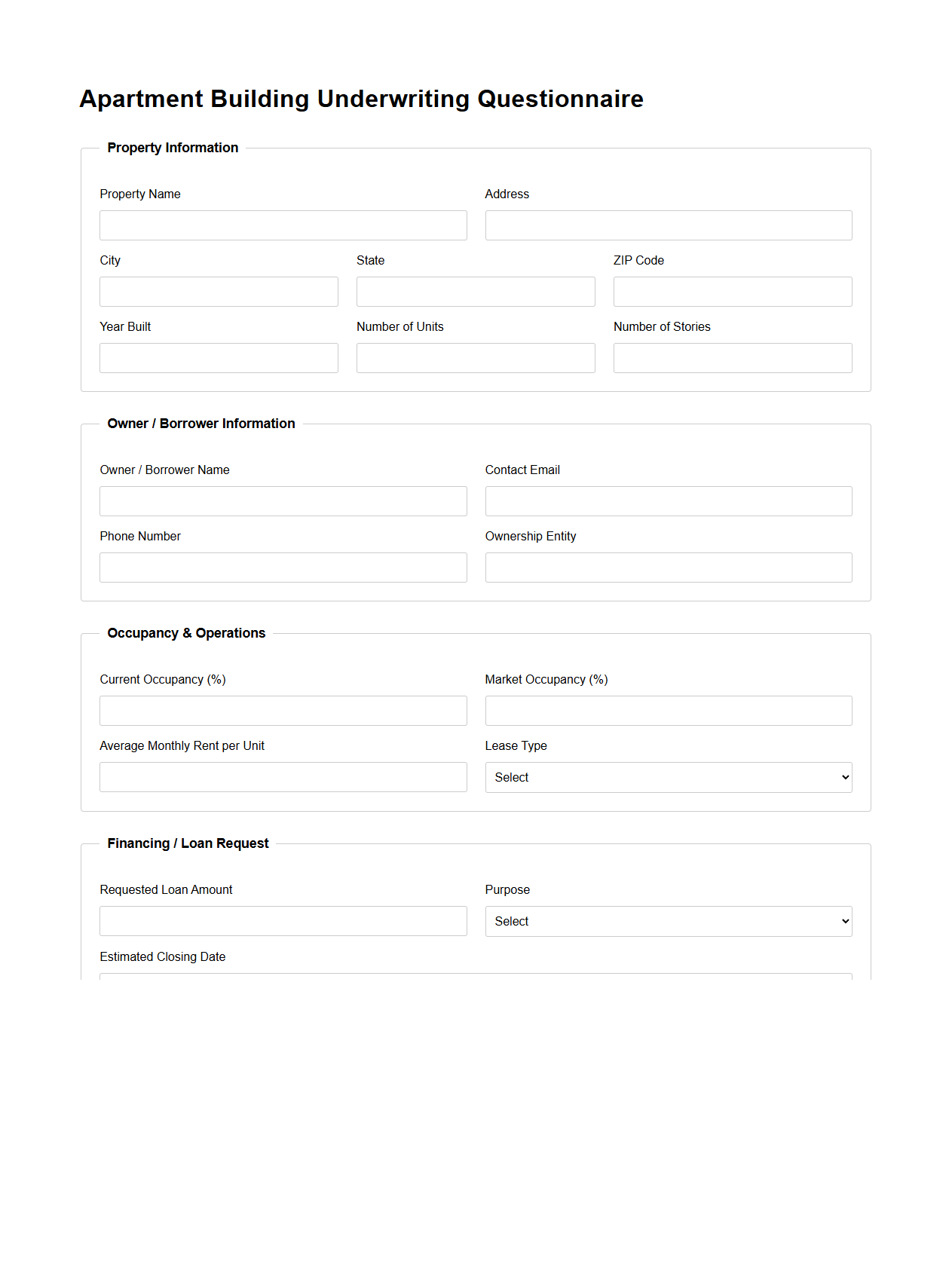 Apartment Building Underwriting Questionnaire