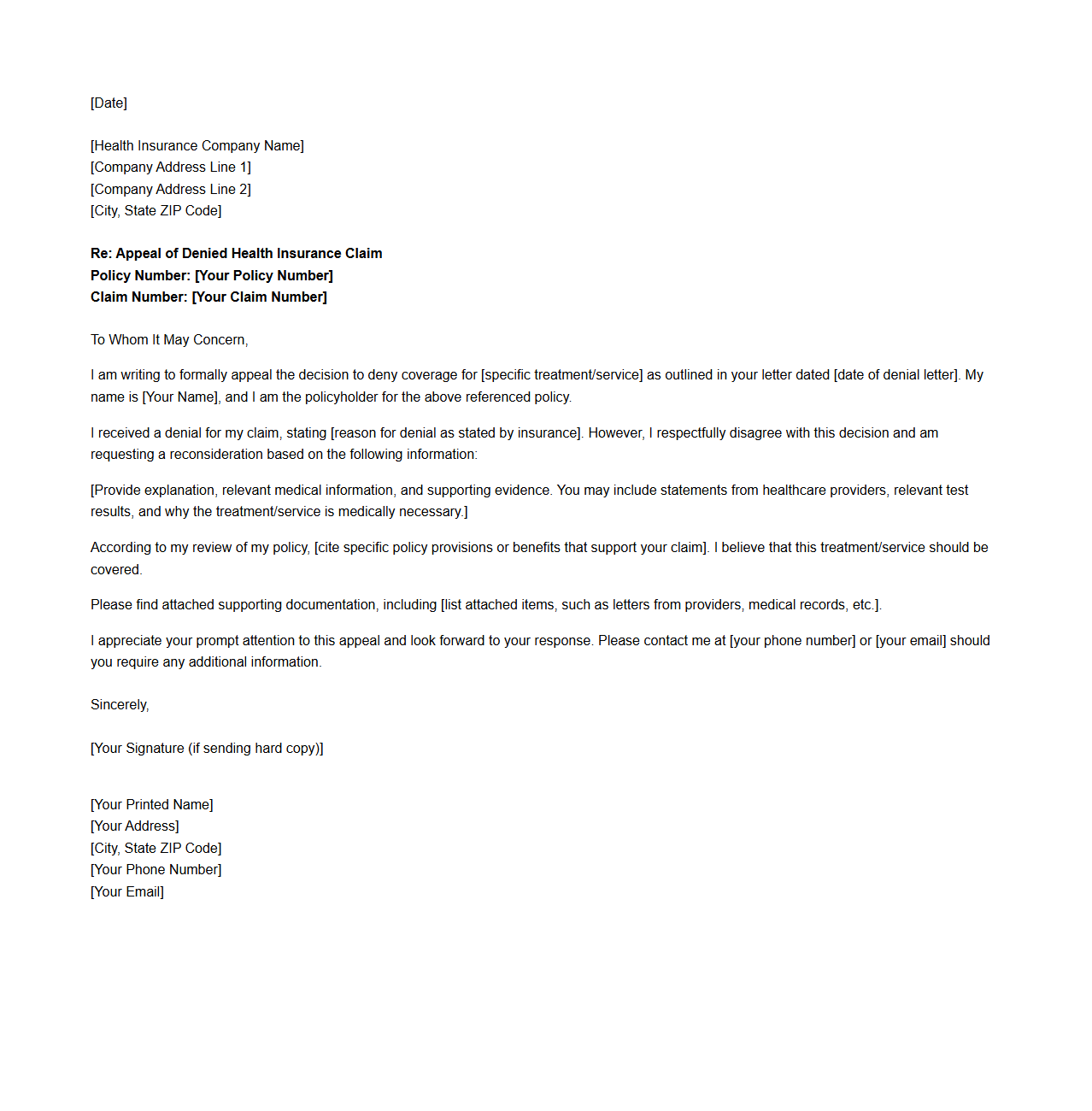 Appeal Letter for Denied Health Insurance Coverage