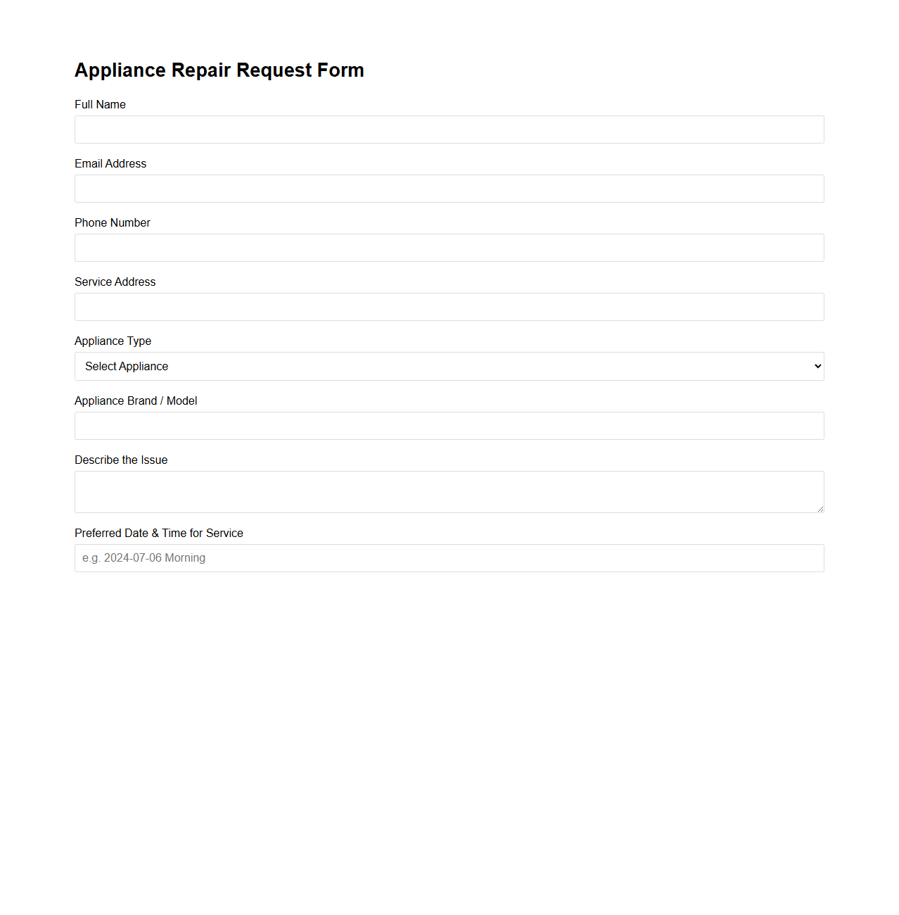 Appliance Repair Request Form Sample