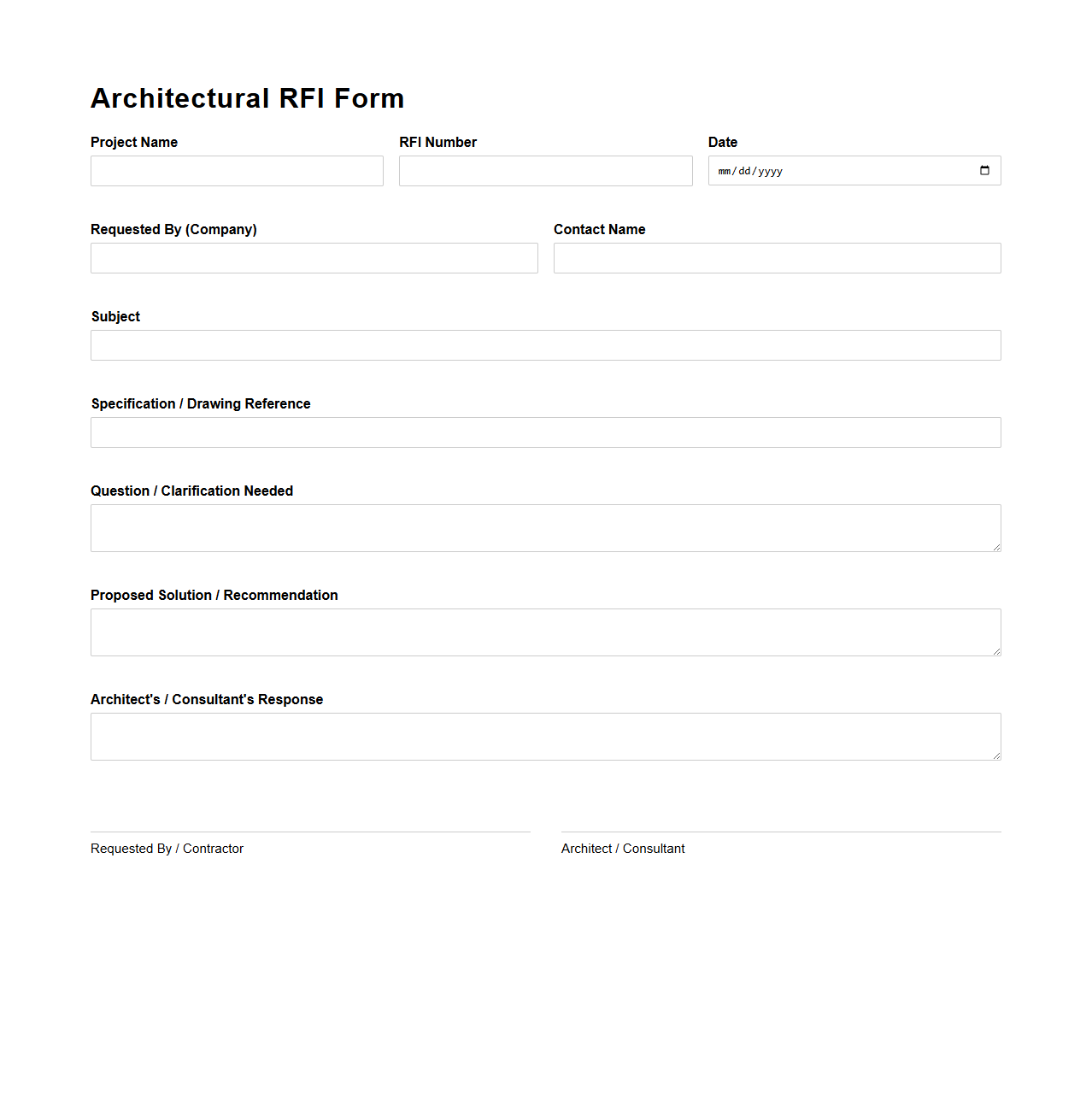 Architectural RFI Form Sample