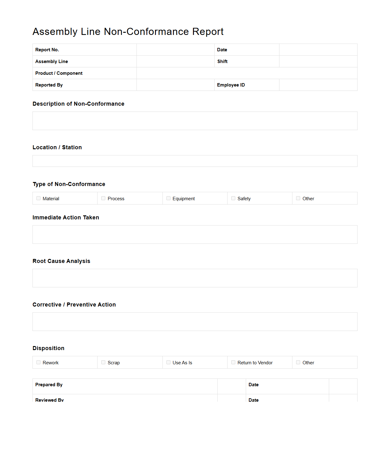 Assembly Line Non-Conformance Report Sample