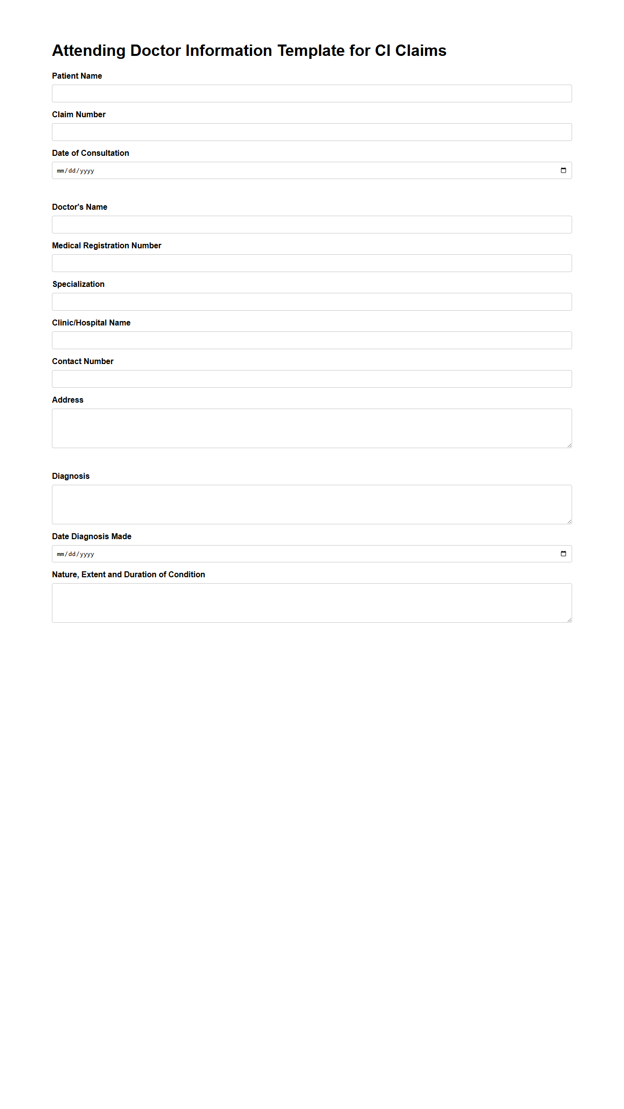Attending Doctor Information Template for CI Claims