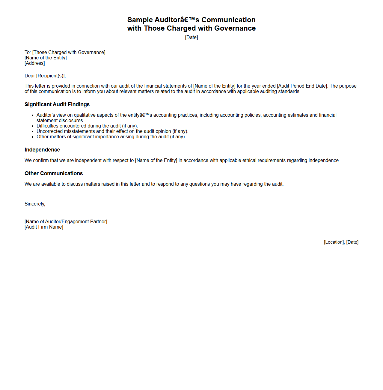 Auditor’s Communication with Those Charged with Governance