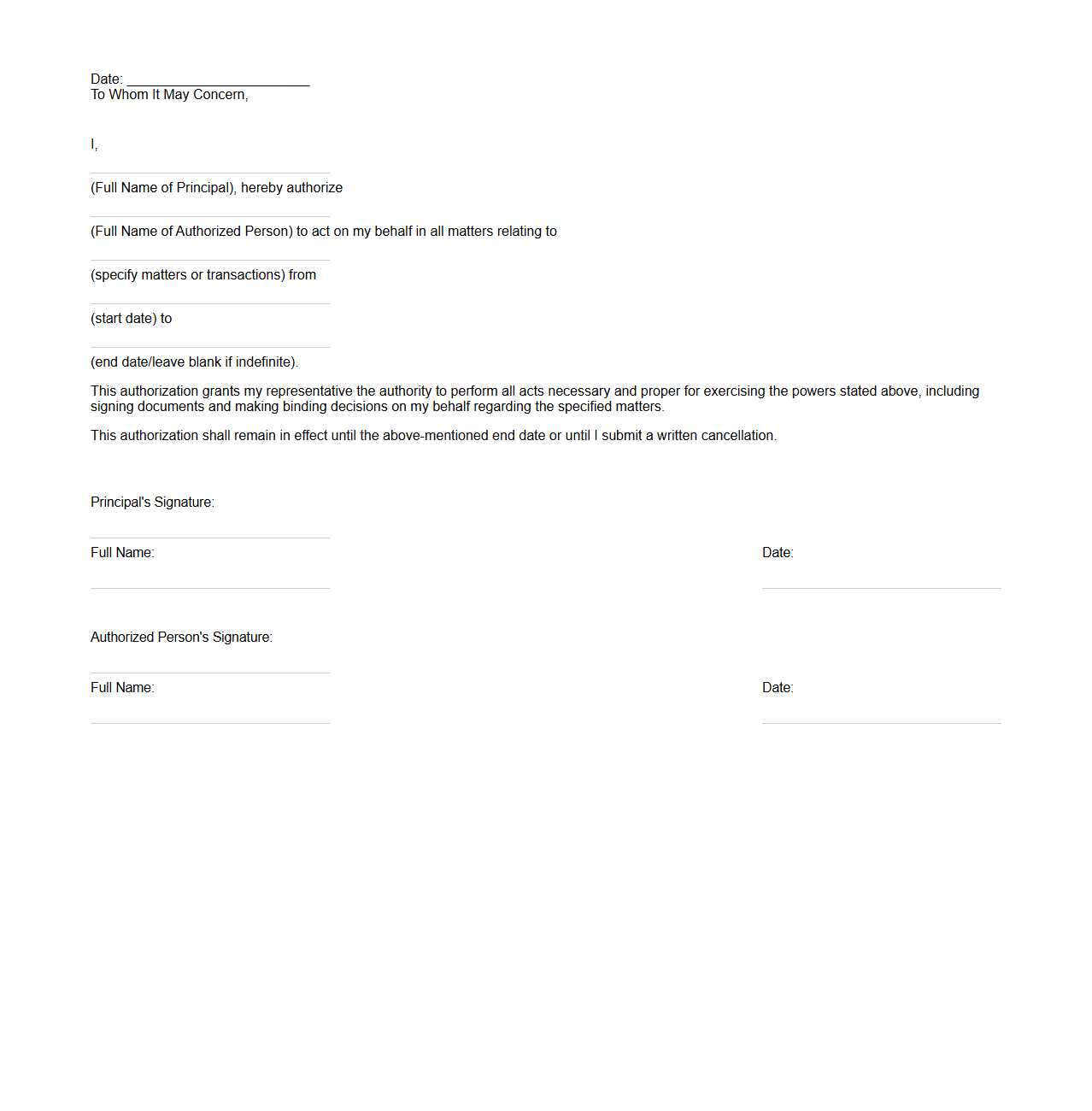 Authorization to Act on Behalf of Another Person Letter