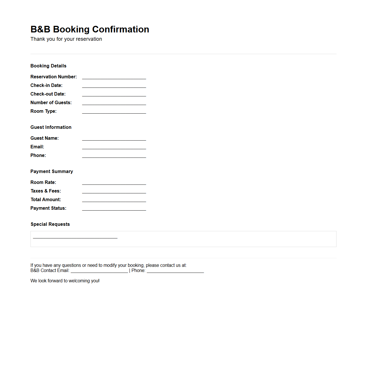 B&B Room Booking Confirmation Template