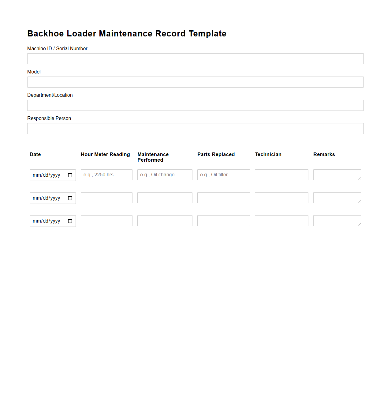 Backhoe Loader Maintenance Record Template