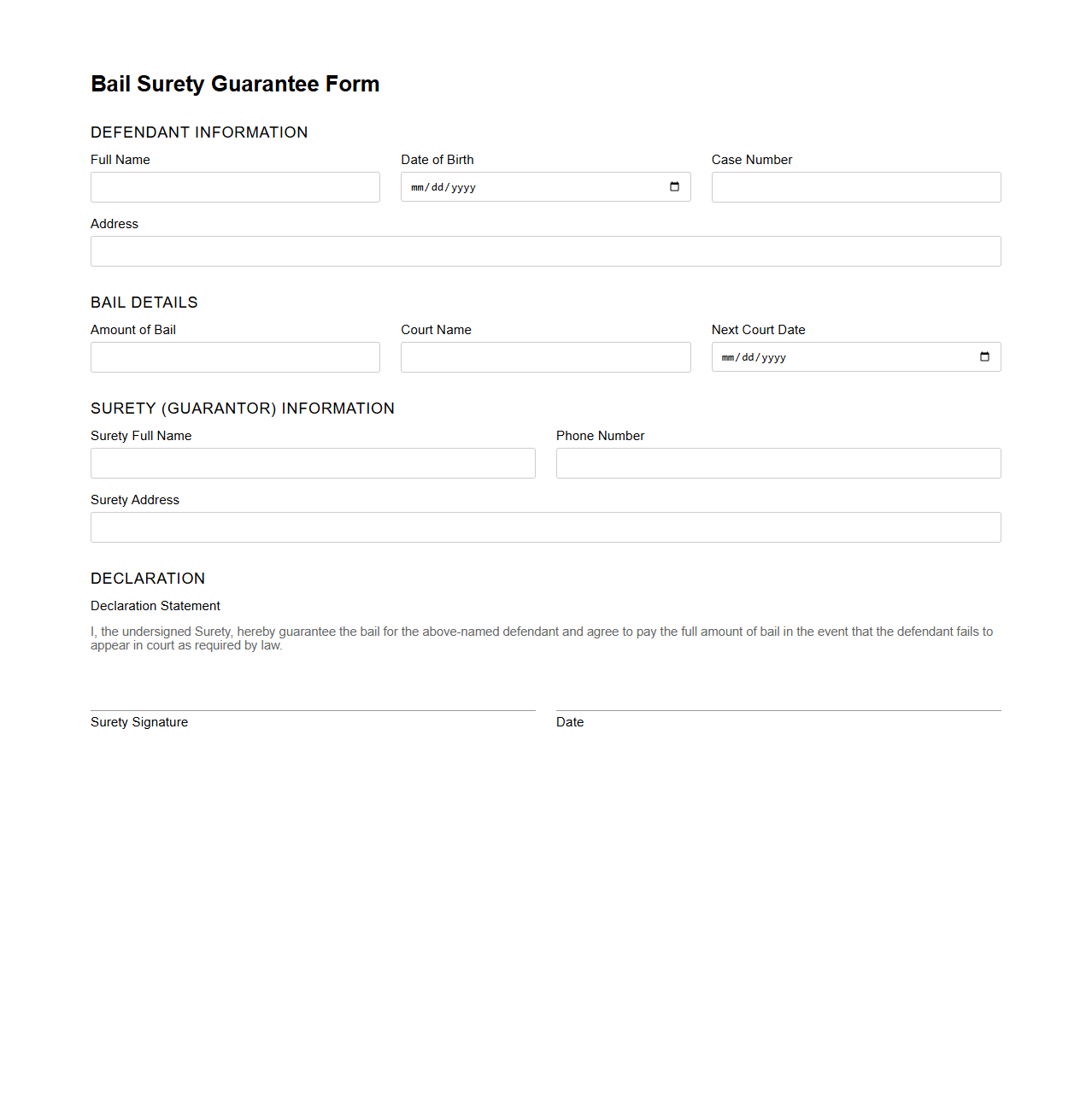 Bail Surety Guarantee Form Example