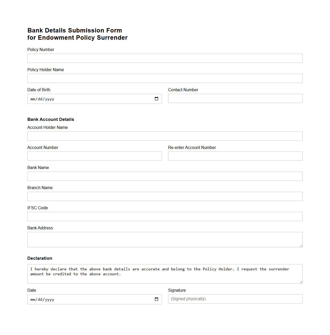 Bank Details Submission Form for Endowment Policy Surrender