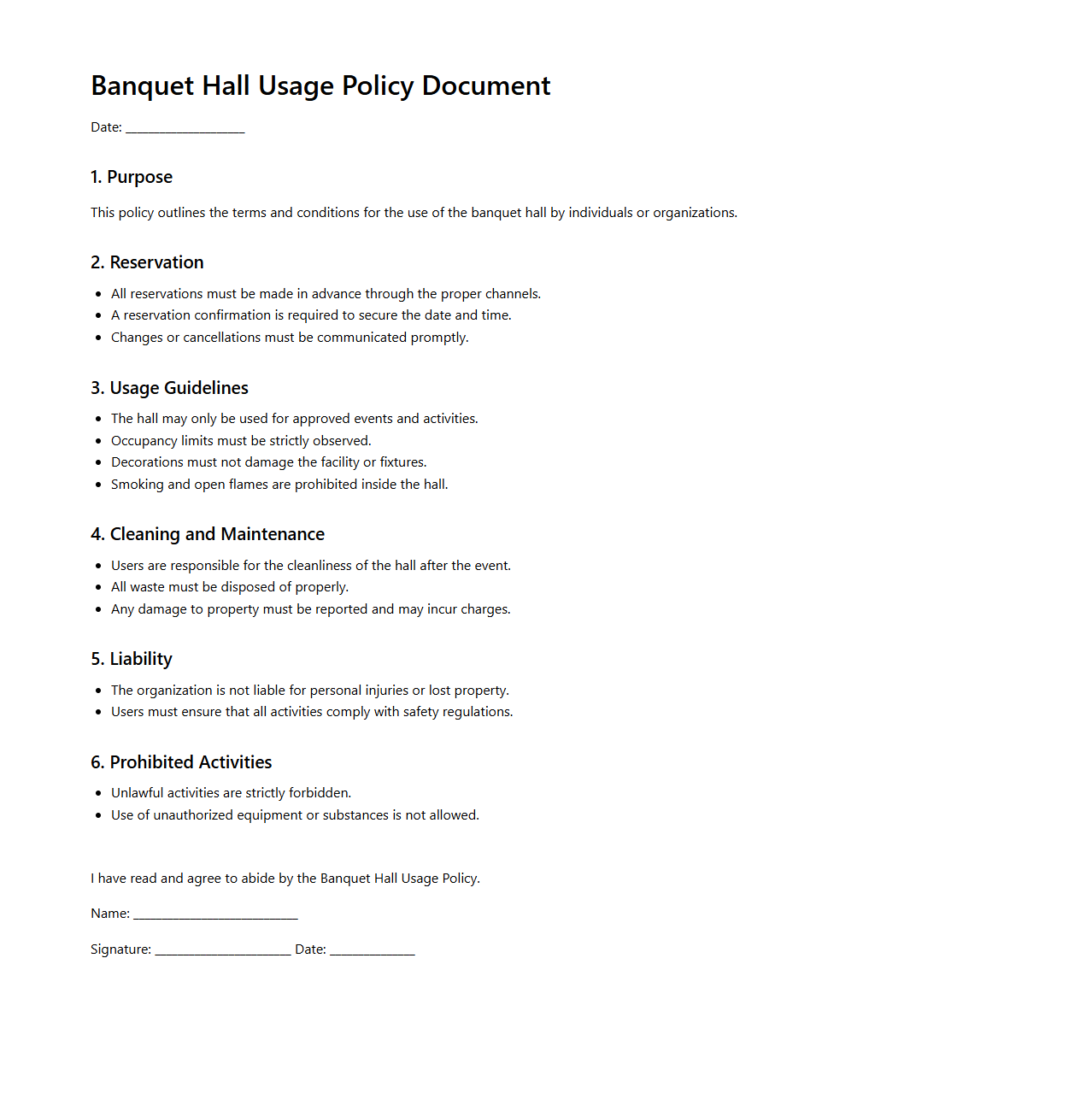 Banquet Hall Usage Policy Document