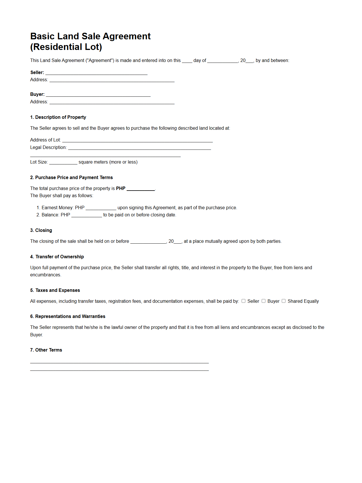 Basic Land Sale Agreement Sample for Residential Lots