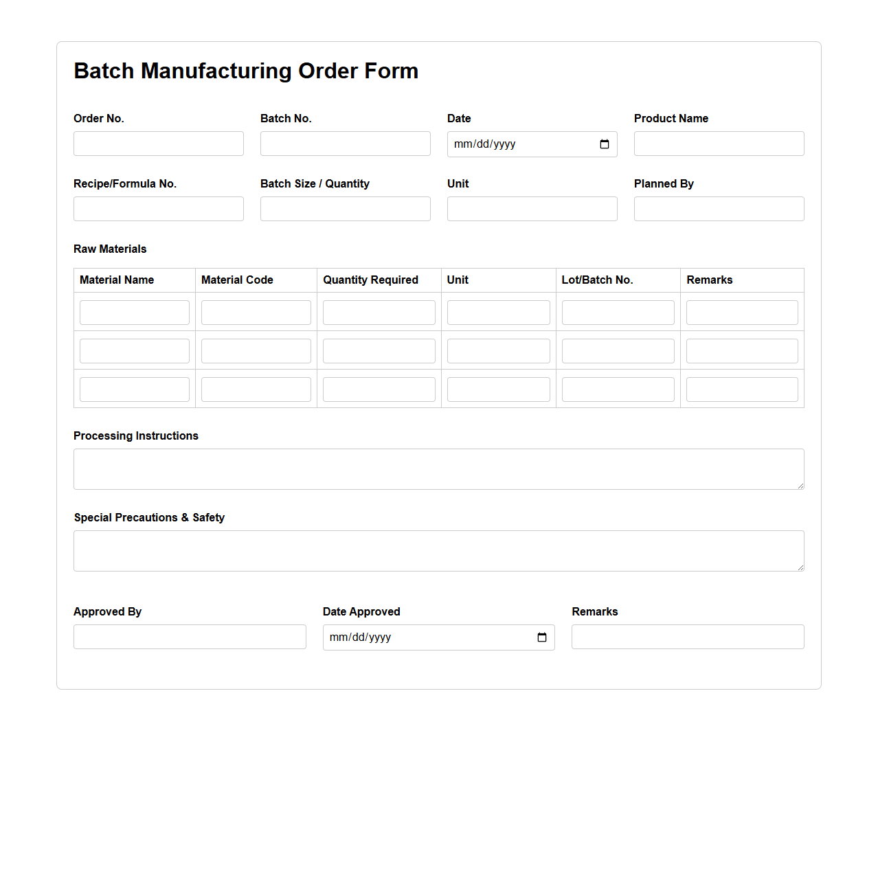Batch Manufacturing Order Form for Chemical Plants