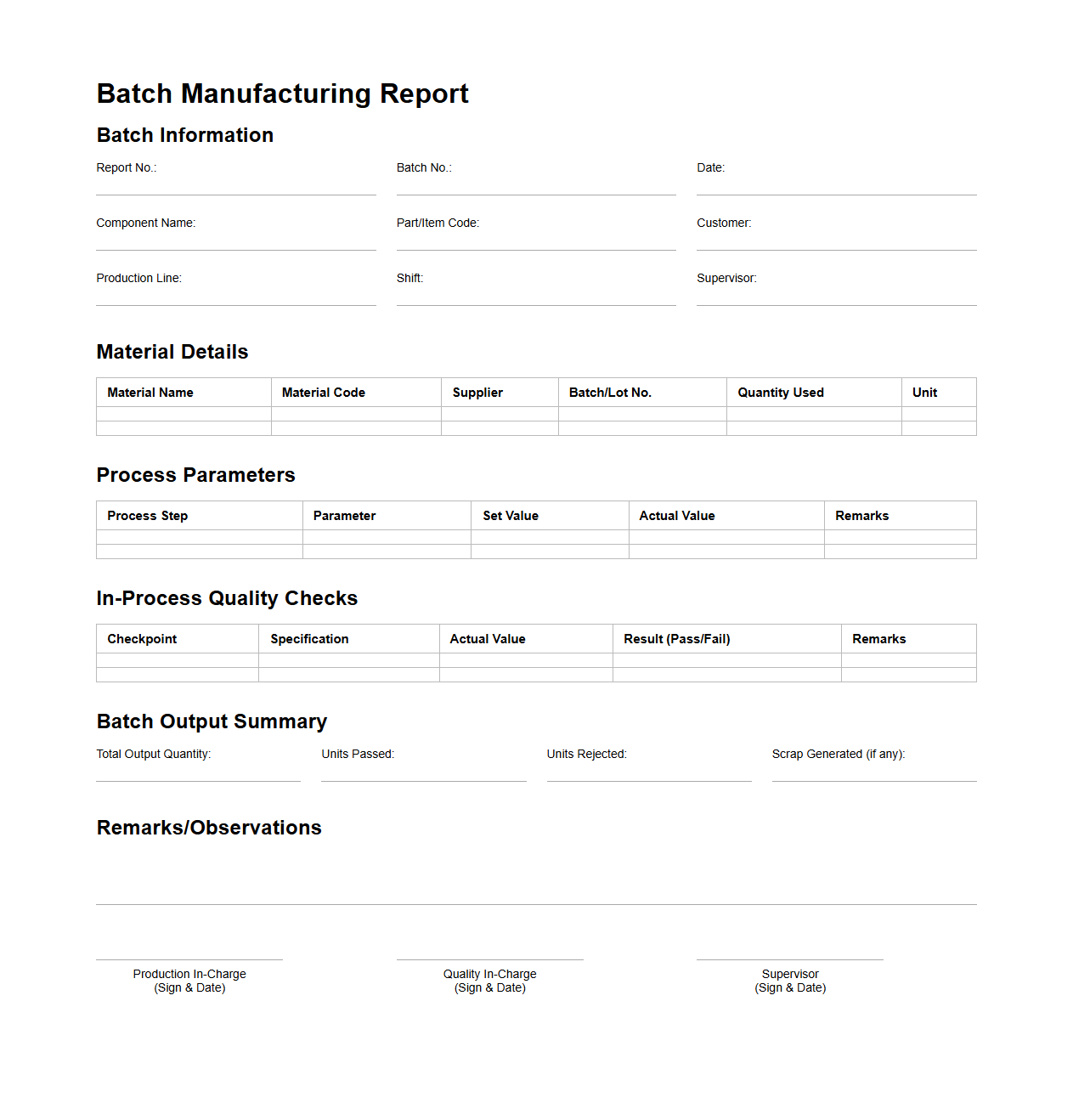 Batch Manufacturing Report Format for Automotive Components