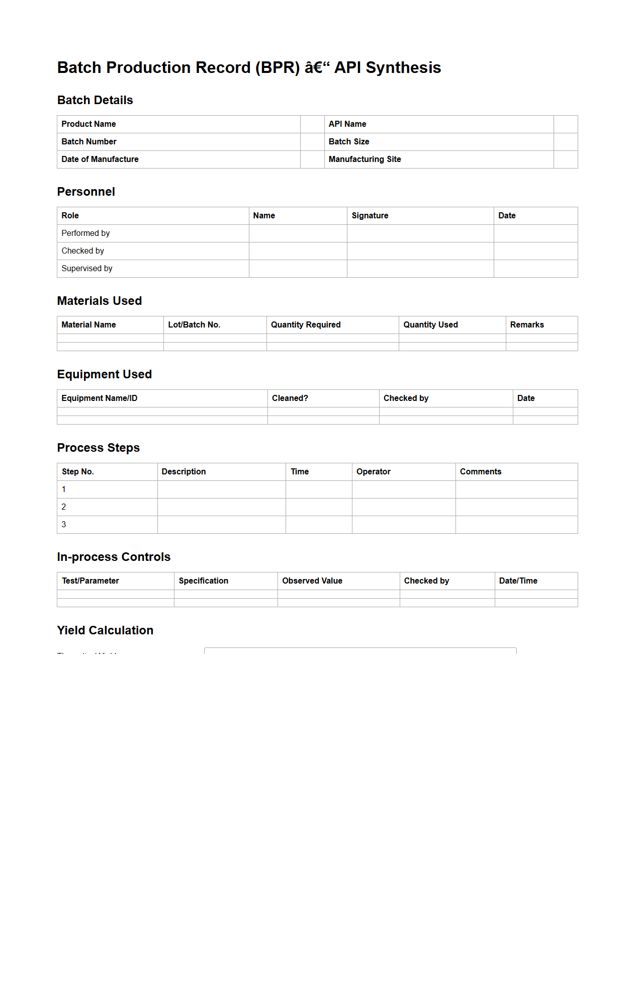 Batch Production Documentation for API Synthesis
