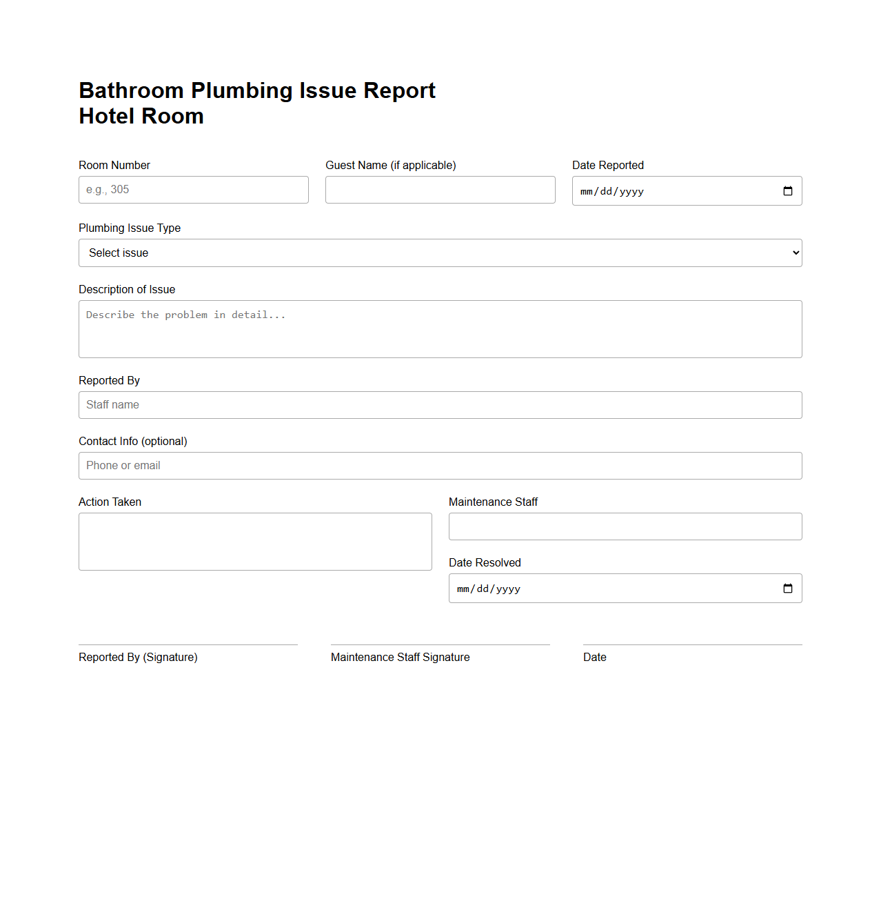 Bathroom Plumbing Issue Report Sample for Hotel Rooms