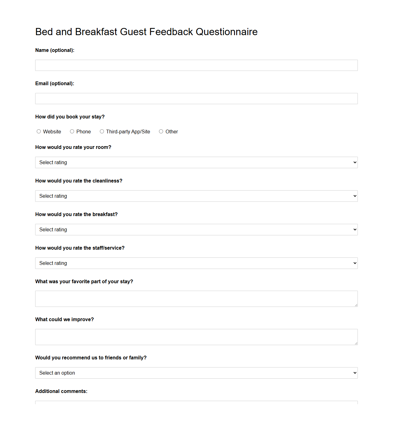 Bed and Breakfast Guest Feedback Questionnaire