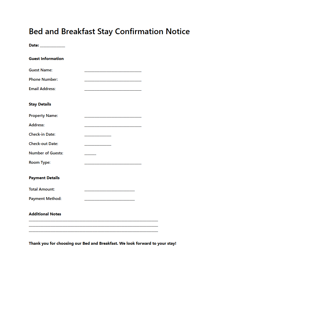 Bed and Breakfast Stay Confirmation Notice