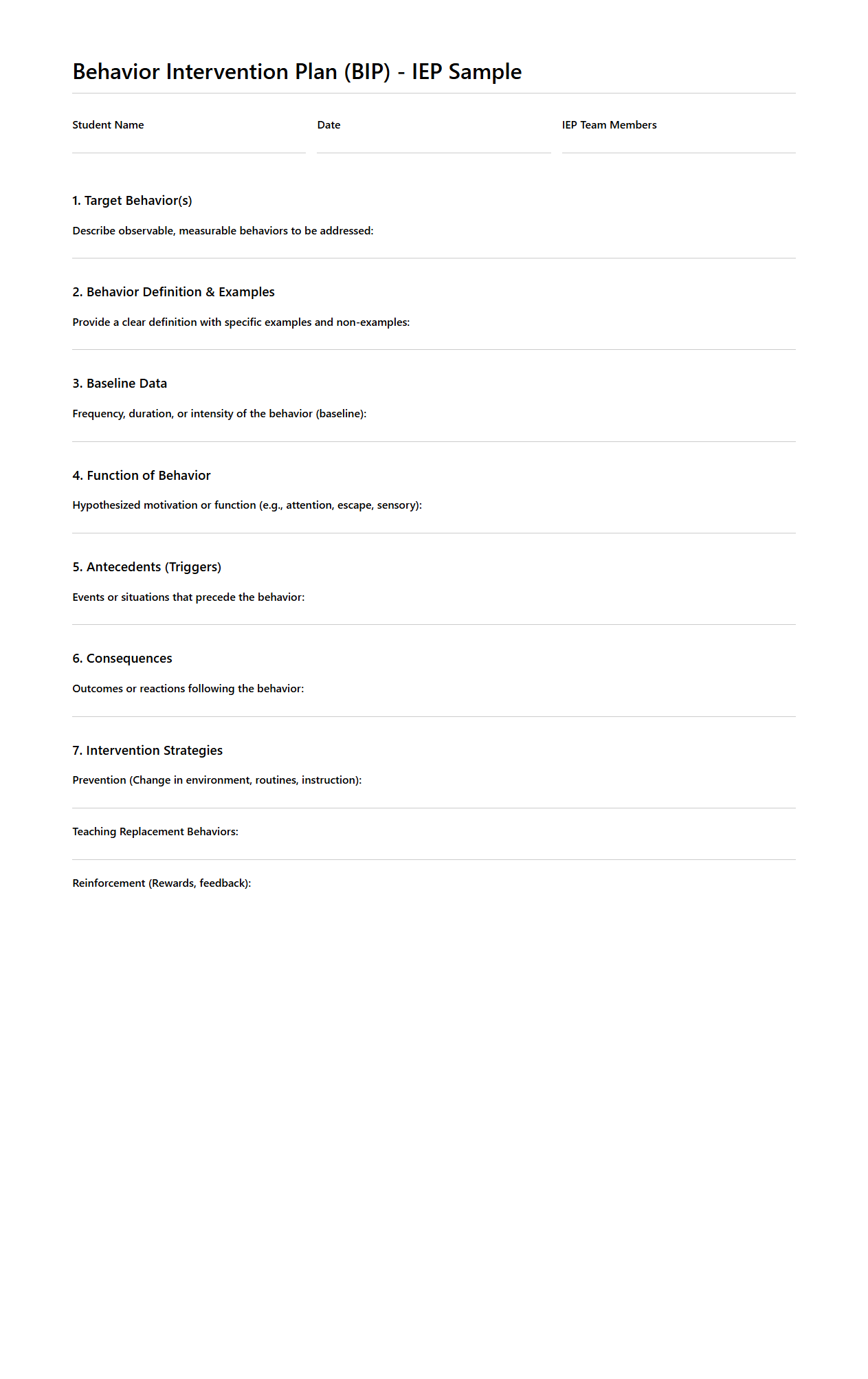 Behavior Intervention Plan for IEP