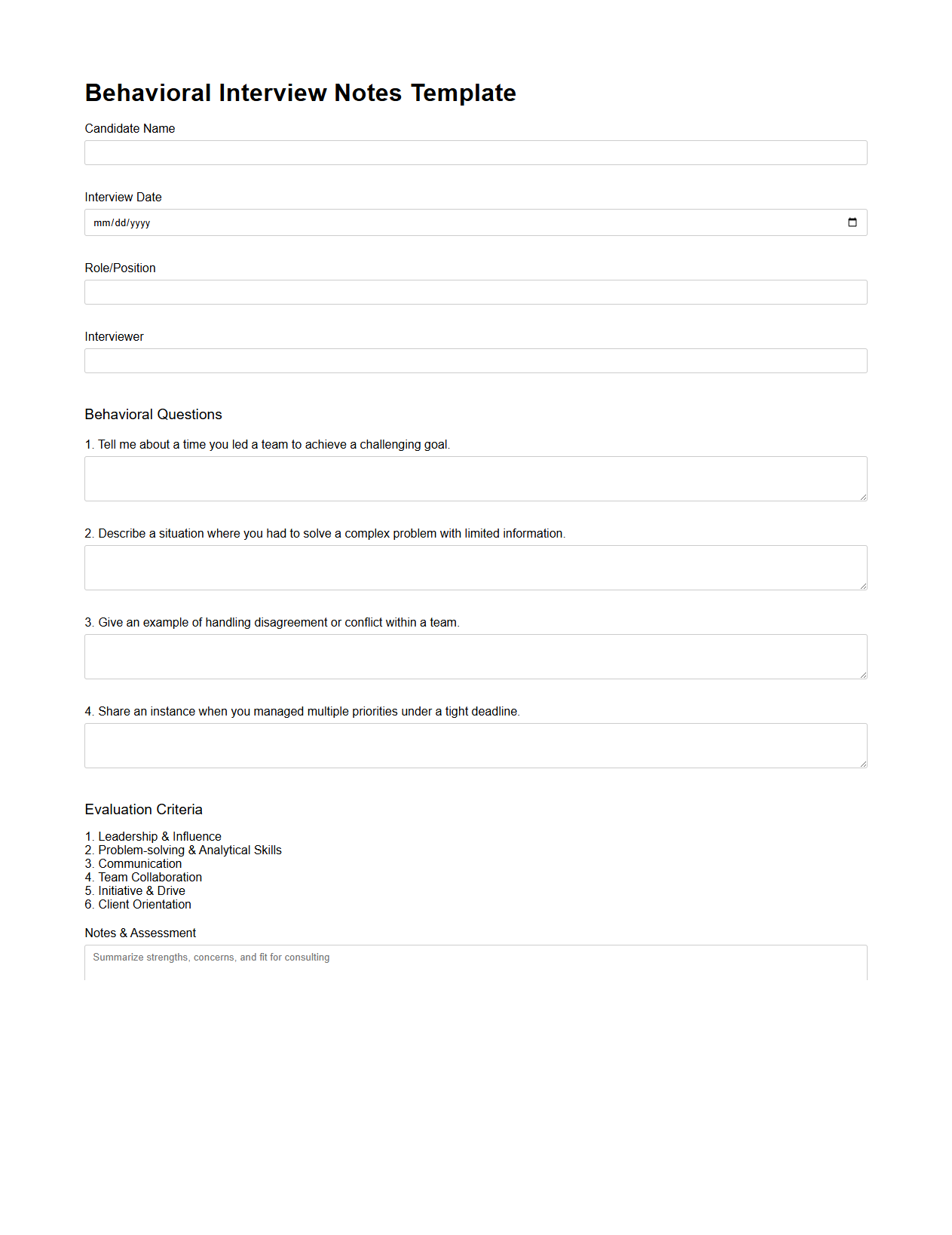 Behavioral Interview Notes Template for Consulting Candidates