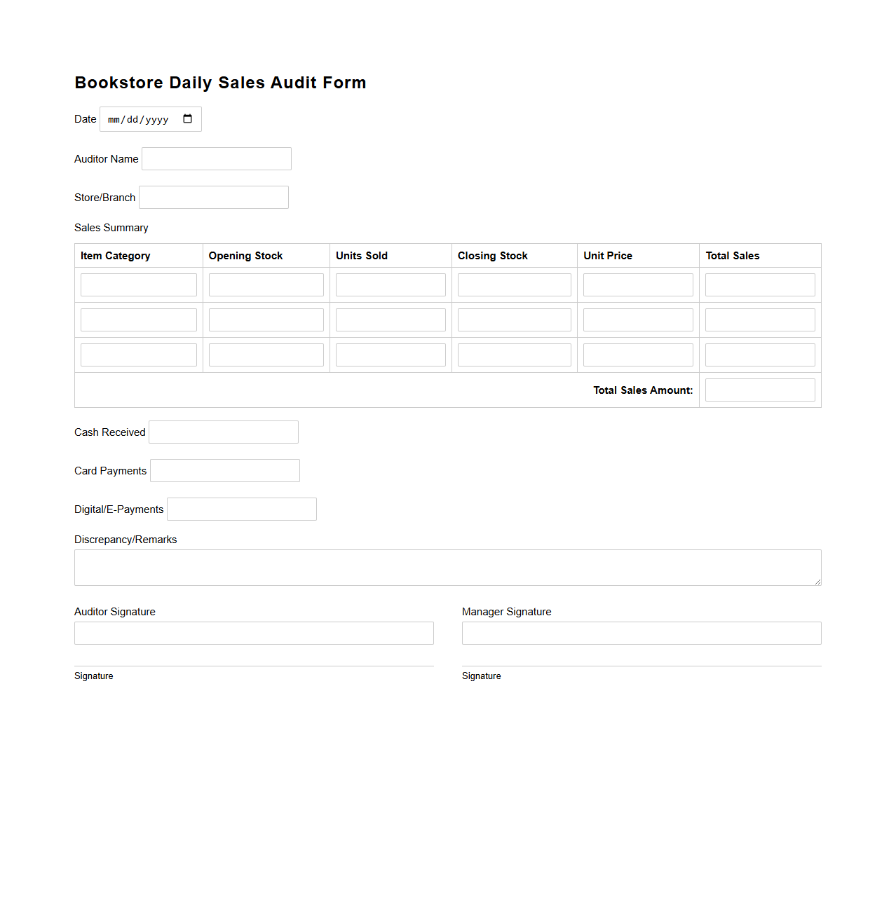 Bookstore Daily Sales Audit Form