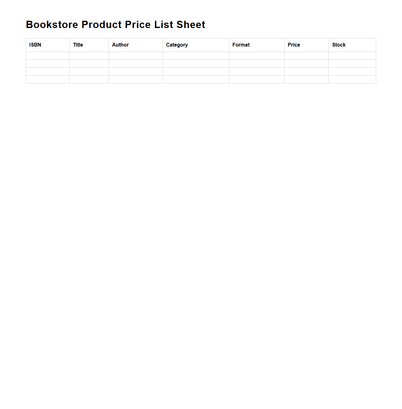 Bookstore Product Price List Sheet
