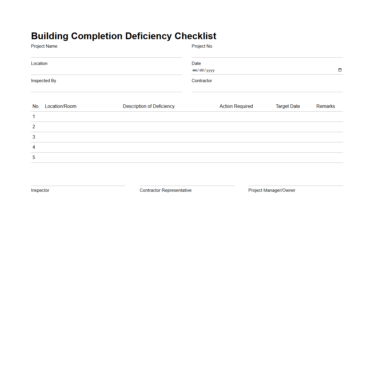 Building Completion Deficiency Checklist