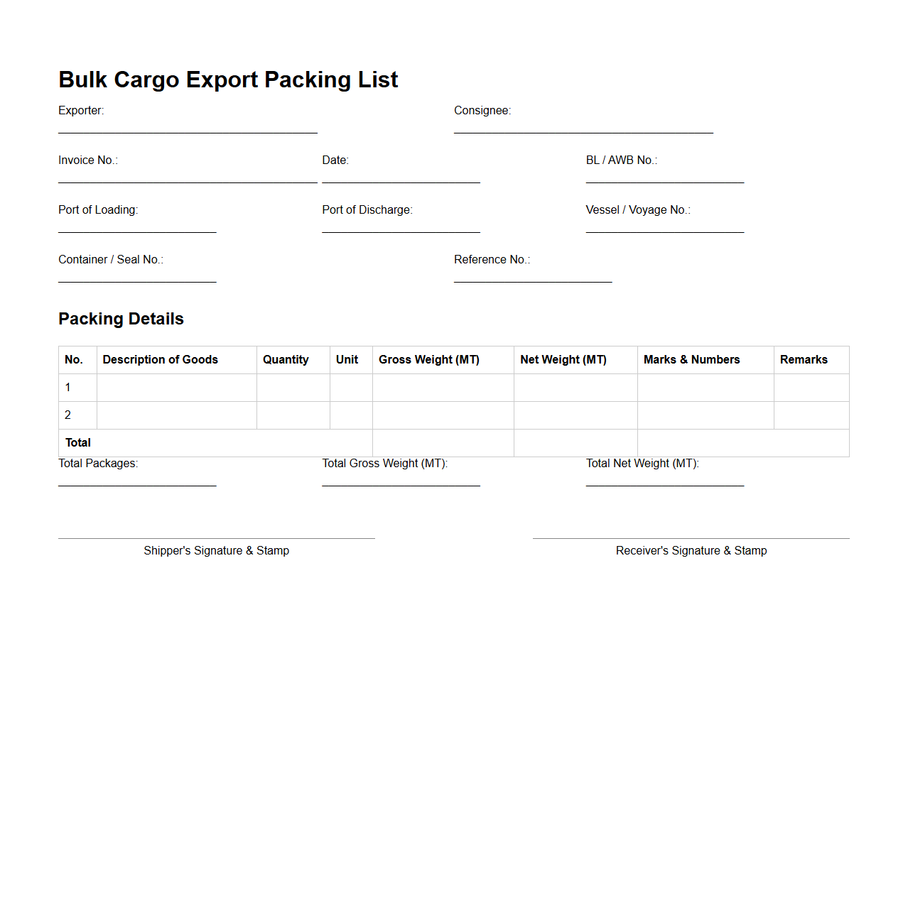 Bulk Cargo Export Packing List Document