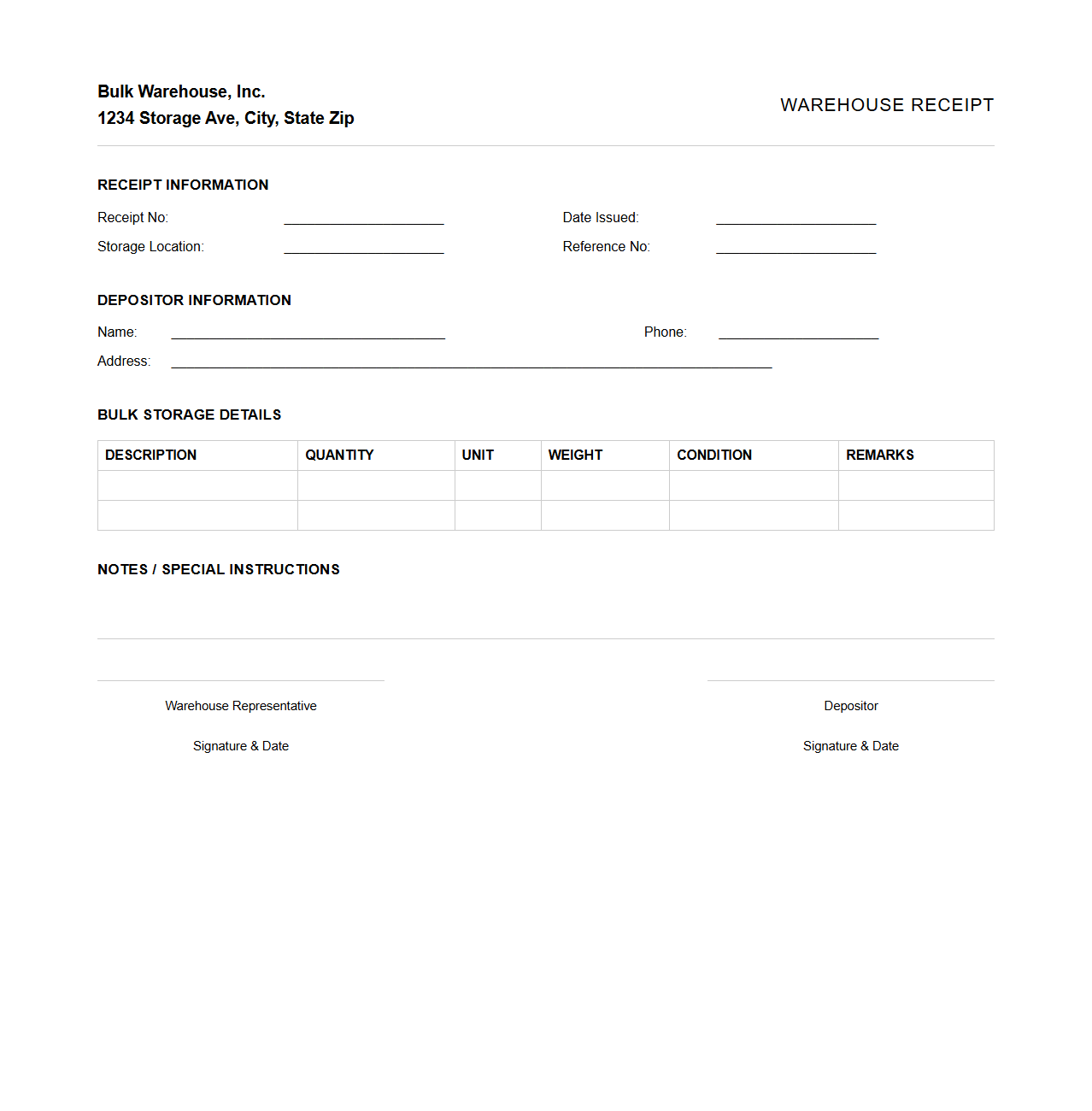 Bulk Storage Warehouse Receipt Document Layout
