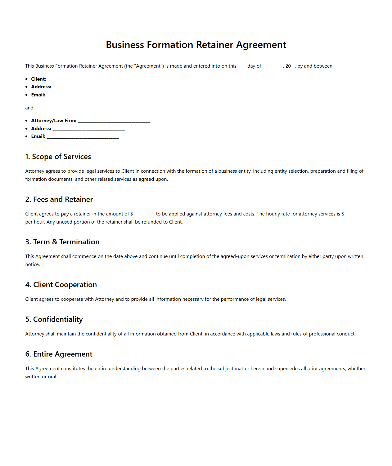 Business Formation Retainer Agreement Template