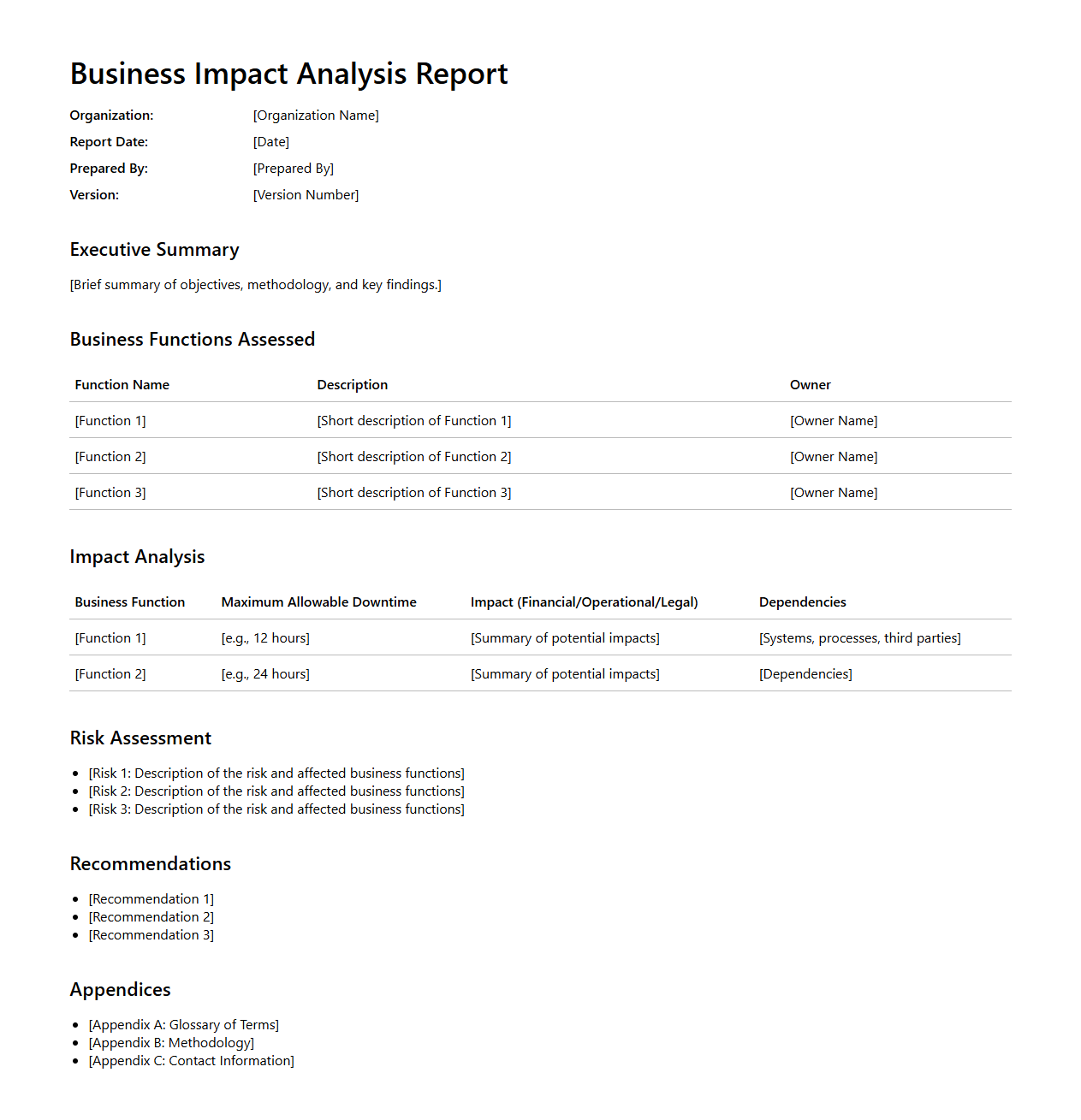 Business Impact Analysis Report Example