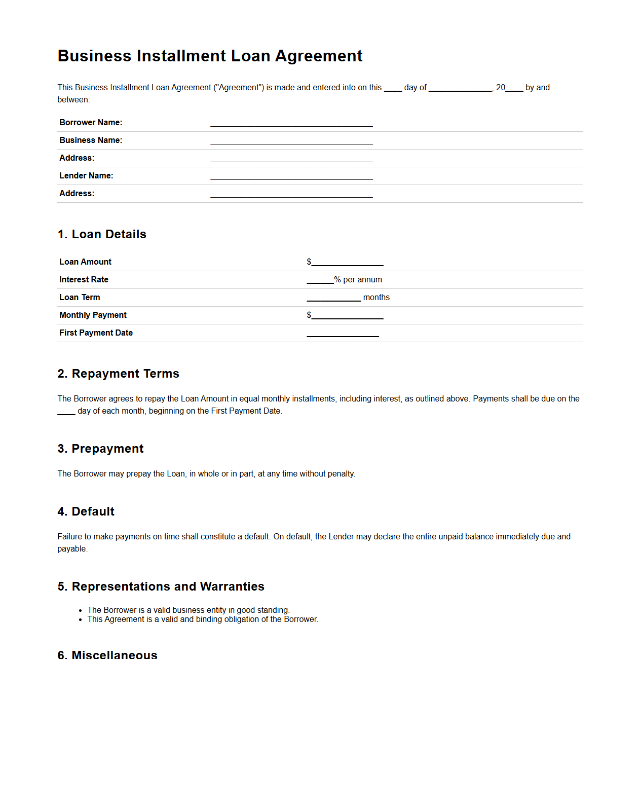 Business Installment Loan Agreement Sample