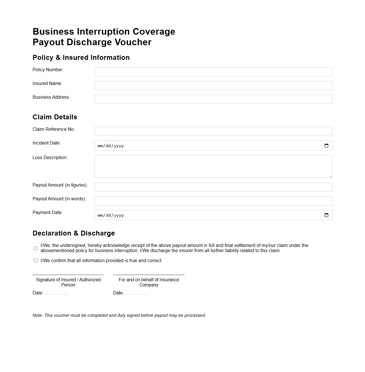 Business Interruption Coverage Payout Discharge Voucher
