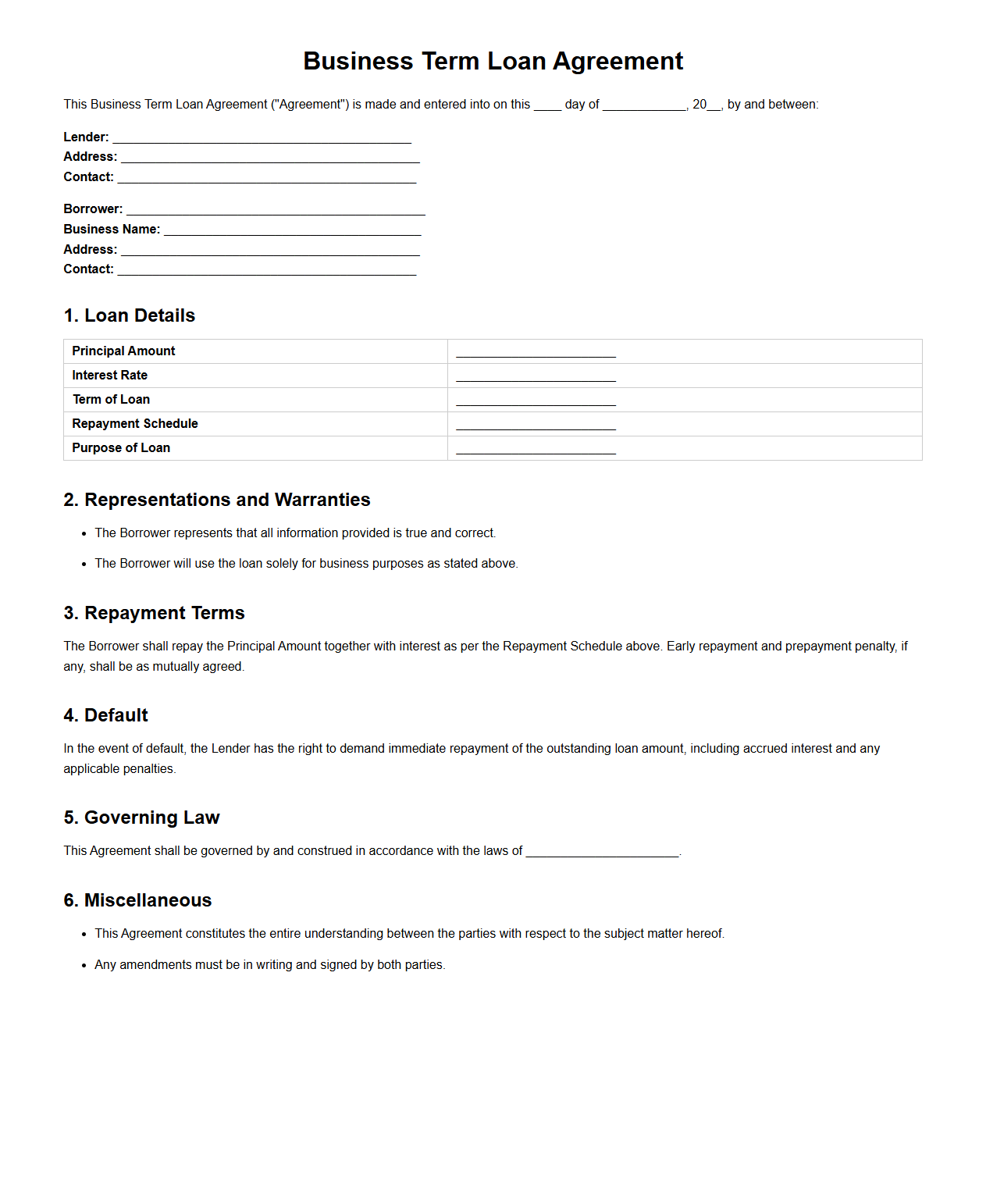 Business Term Loan Agreement Format