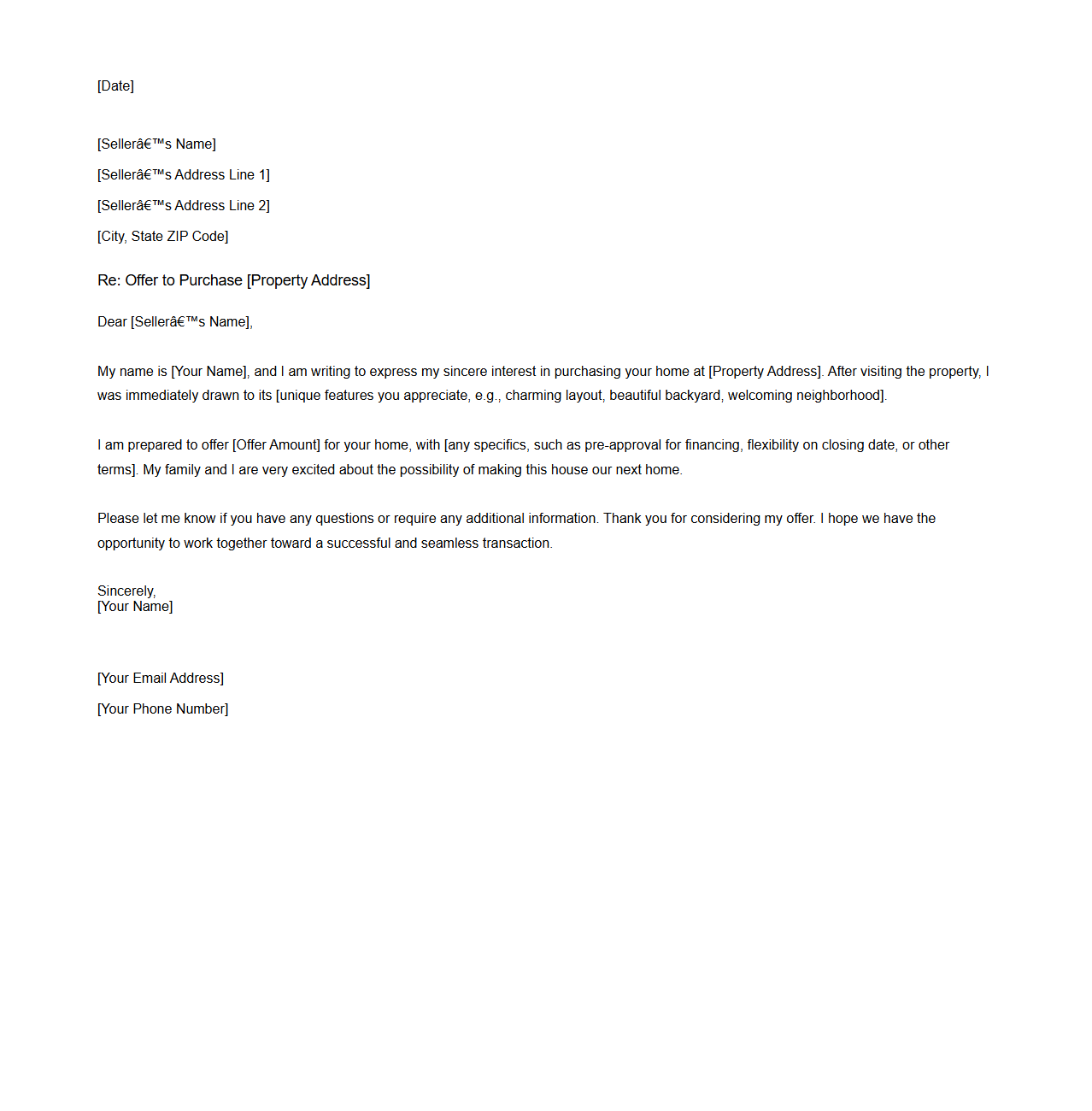 Buyer Offer Letter for Home Purchase Sample