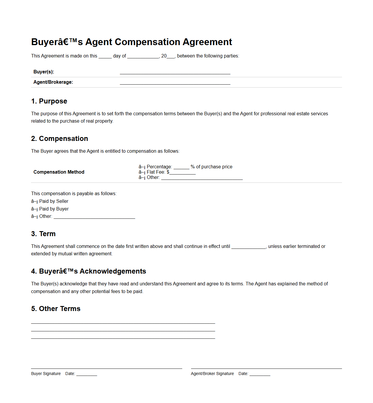 Buyer’s Agent Compensation Agreement Sample