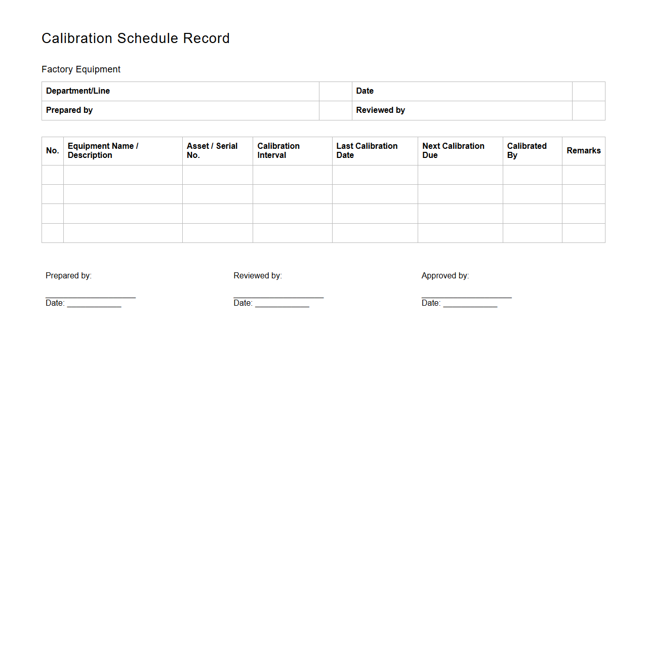 Calibration Schedule Record for Factory Equipment