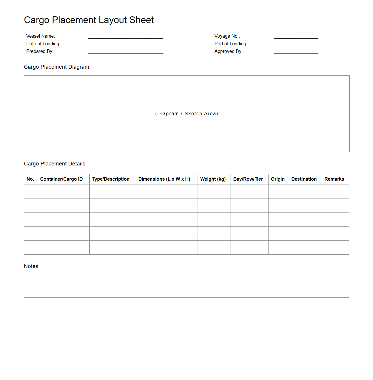 Cargo Placement Layout Sheet for Sea Transport