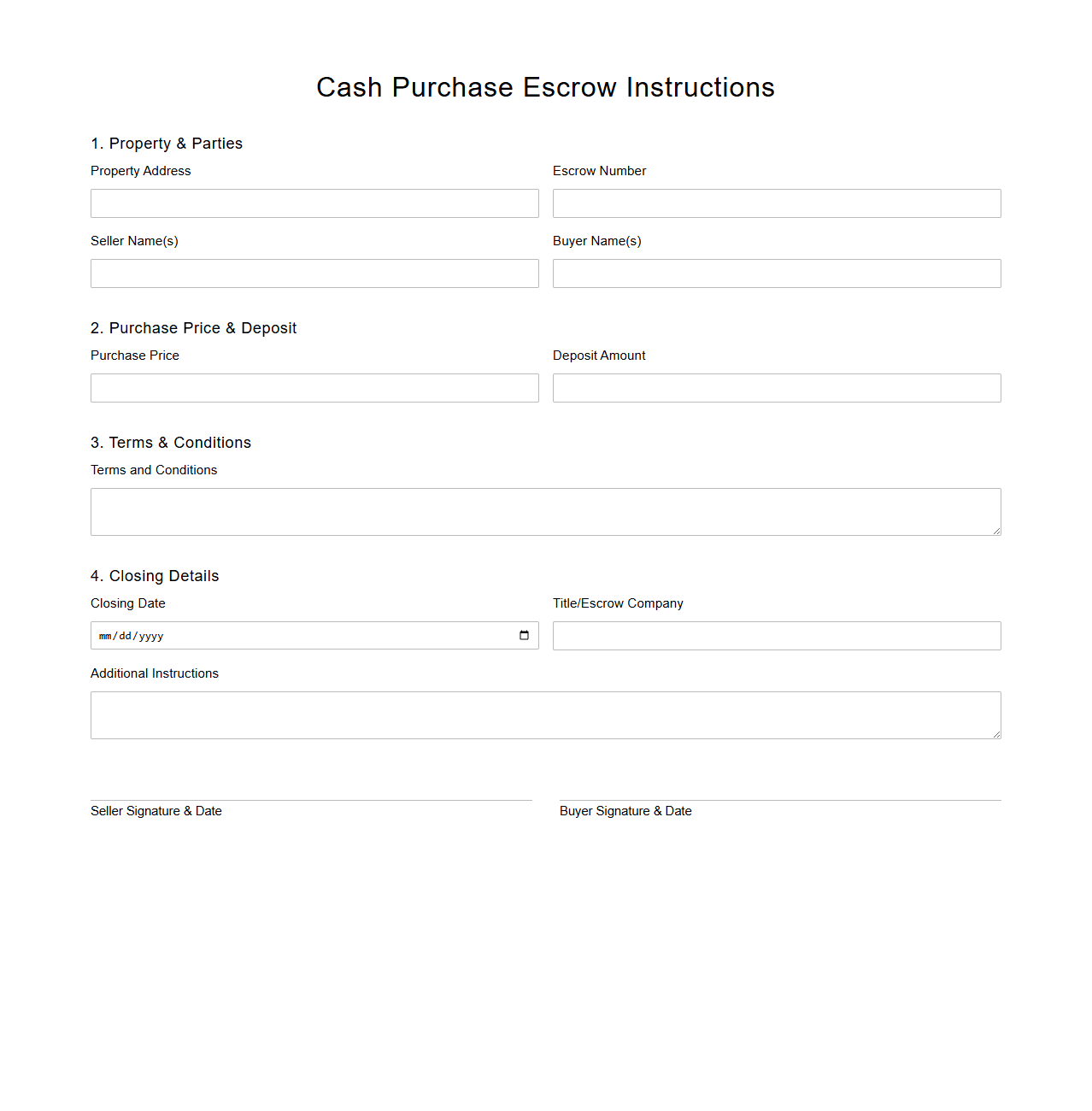 Cash Purchase Escrow Instructions Form