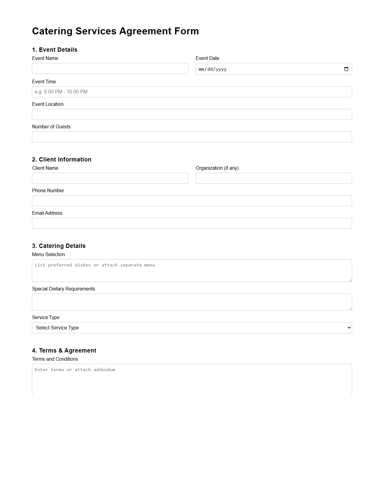 Catering Services Agreement Form