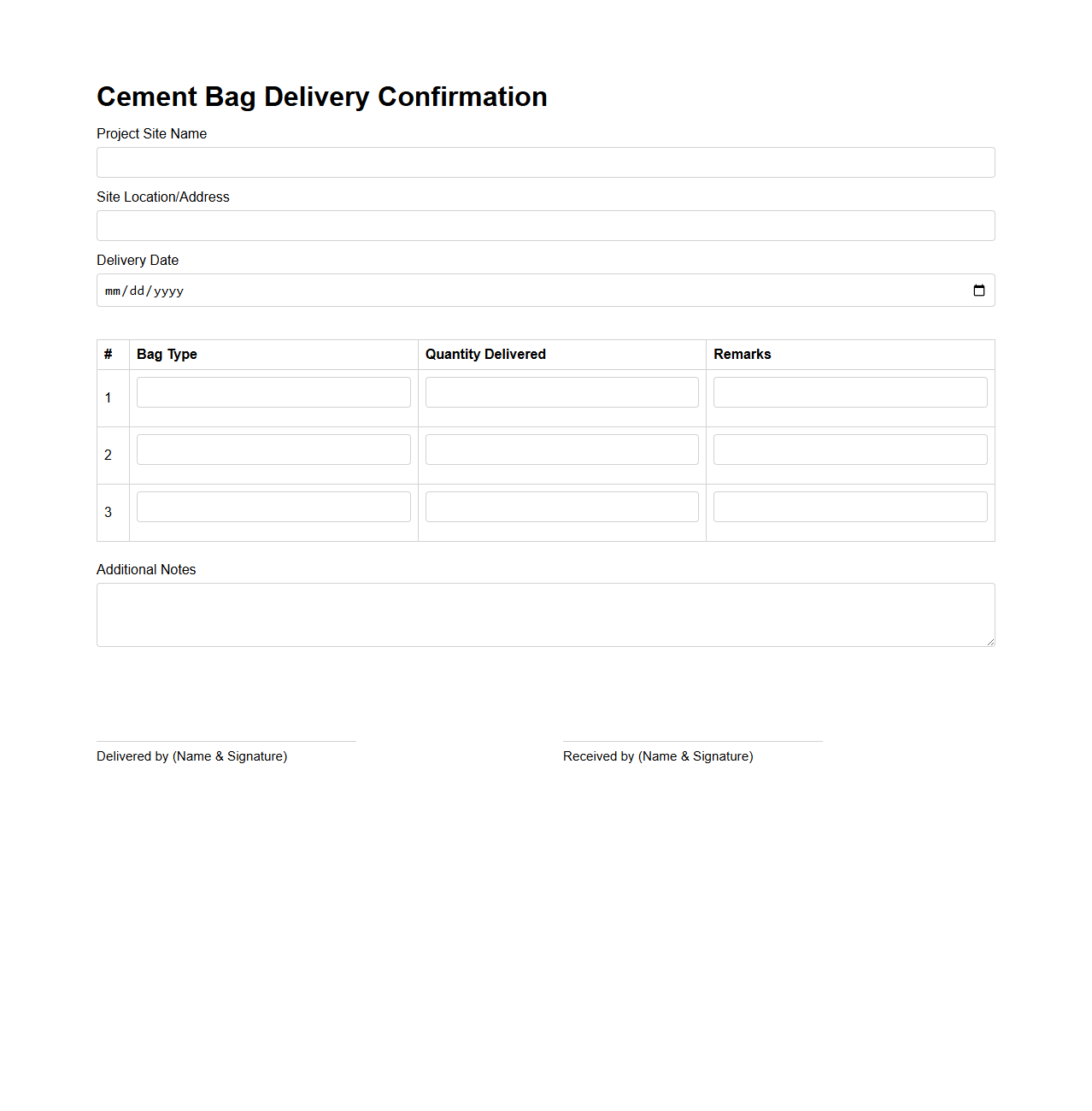 Cement Bag Delivery Confirmation for Project Sites