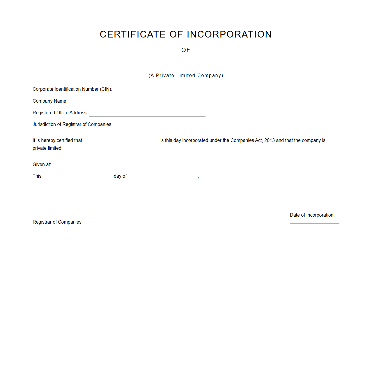 Certificate of Incorporation Format for Private Limited Company