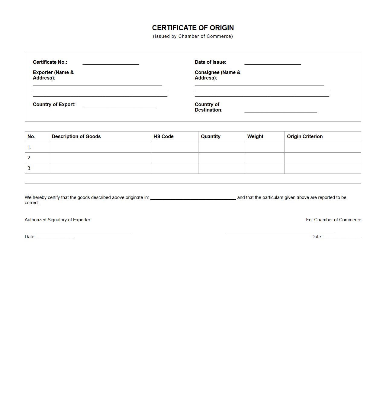 Chamber-Issued Certificate of Origin Example for Exporters
